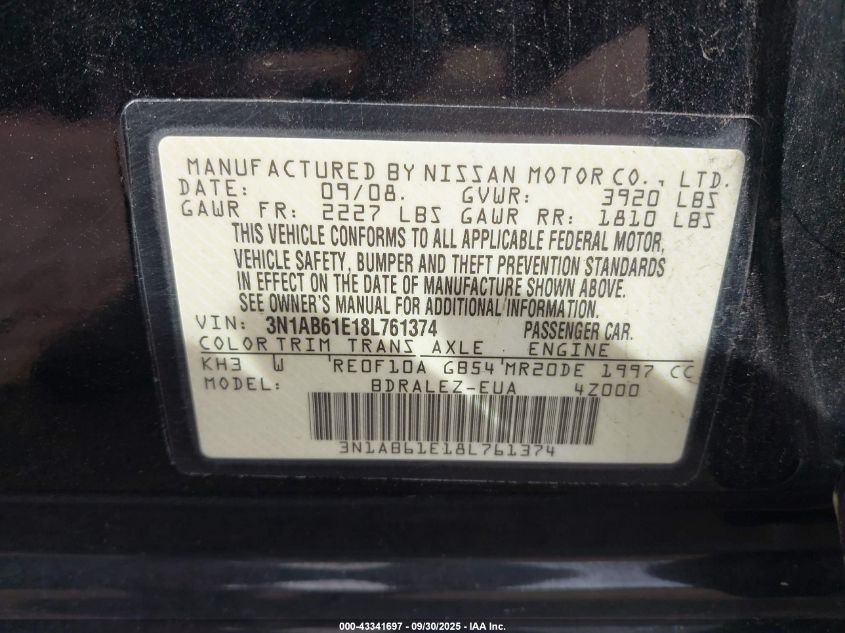 2008 Nissan Sentra 2.0S VIN: 3N1AB61E18L761374 Lot: 43341697
