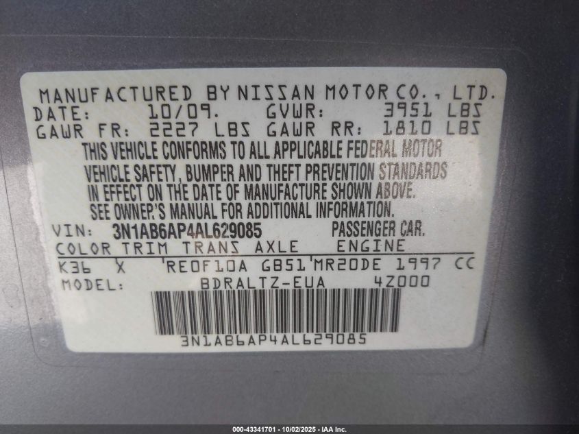 2010 Nissan Sentra 2.0S VIN: 3N1AB6AP4AL629085 Lot: 43341701