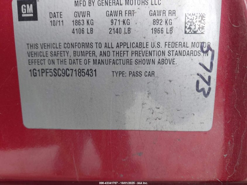 2012 Chevrolet Cruze 1Lt VIN: 1G1PF5SC9C7185431 Lot: 43341707