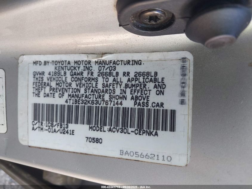 2003 Toyota Camry Le VIN: 4T1BE32K63U767144 Lot: 43341713