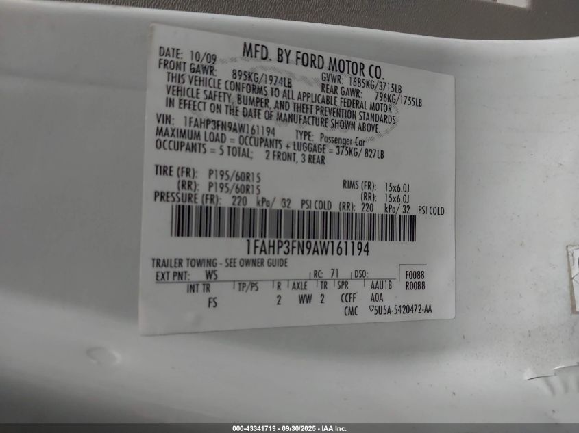 2010 Ford Focus Se VIN: 1FAHP3FN9AW161194 Lot: 43341719