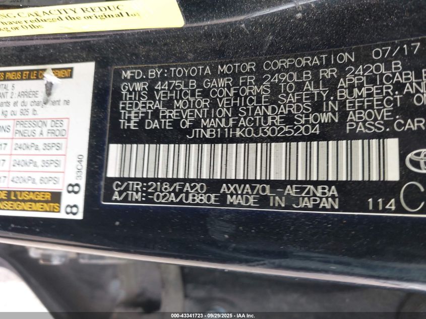 2018 Toyota Camry Le VIN: JTNB11HK0J3025204 Lot: 43341723