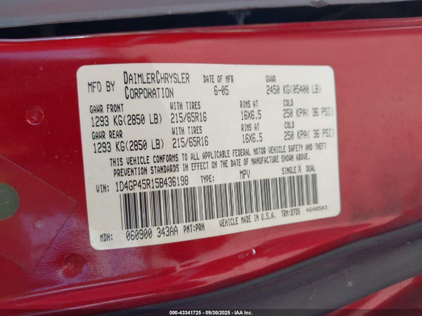 2005 Dodge Caravan Sxt VIN: 1D4GP45R15B436198 Lot: 43341725