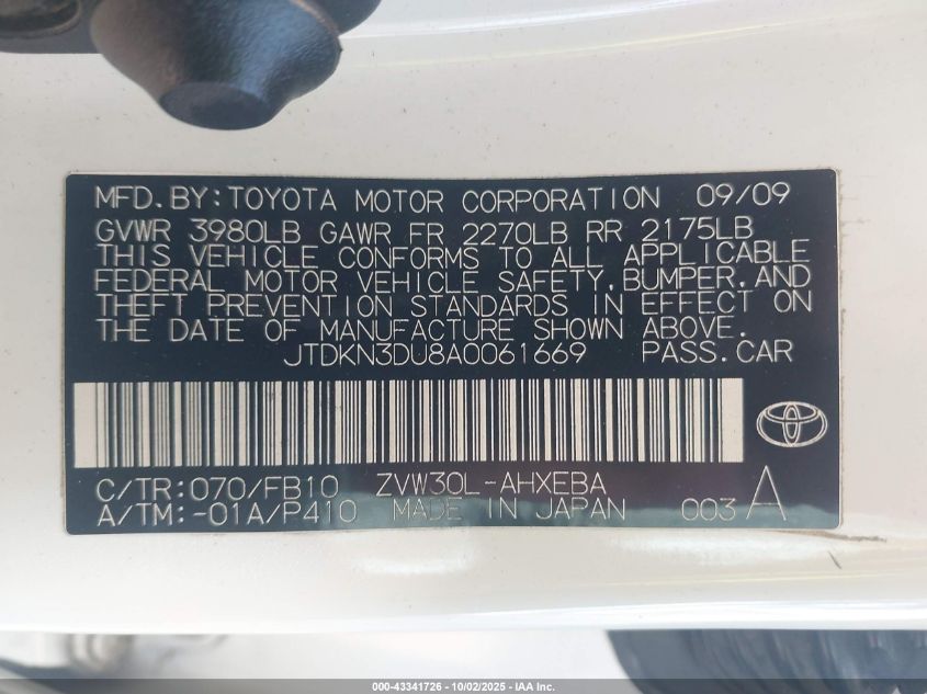 2010 Toyota Prius Iii VIN: JTDKN3DU8A0061669 Lot: 43341726