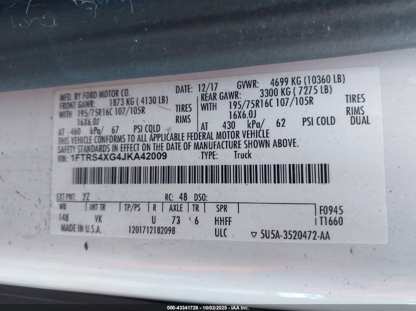 2018 Ford Transit-350 VIN: 1FTRS4XG4JKA42009 Lot: 43341728