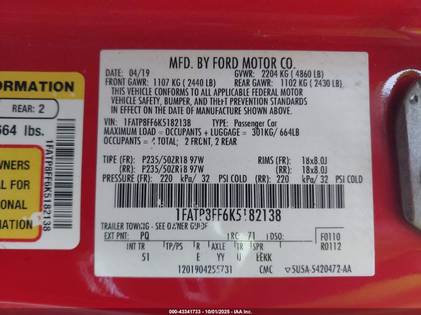 2019 Ford Mustang Gt Premium VIN: 1FATP8FF6K5182138 Lot: 43341733
