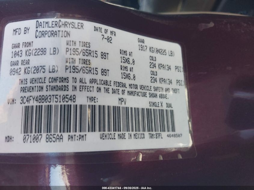 2003 Chrysler Pt Cruiser VIN: 3C4FY48B03T510548 Lot: 43341744