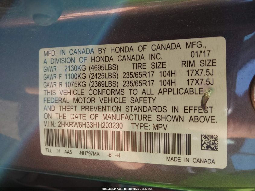 2017 Honda Cr-V Lx VIN: 2HKRW6H33HH203230 Lot: 43341746