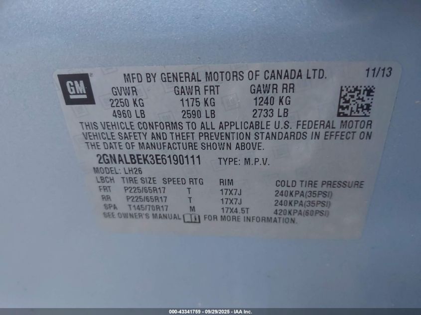 2014 Chevrolet Equinox 1Lt VIN: 2GNALBEK3E6190111 Lot: 43341759