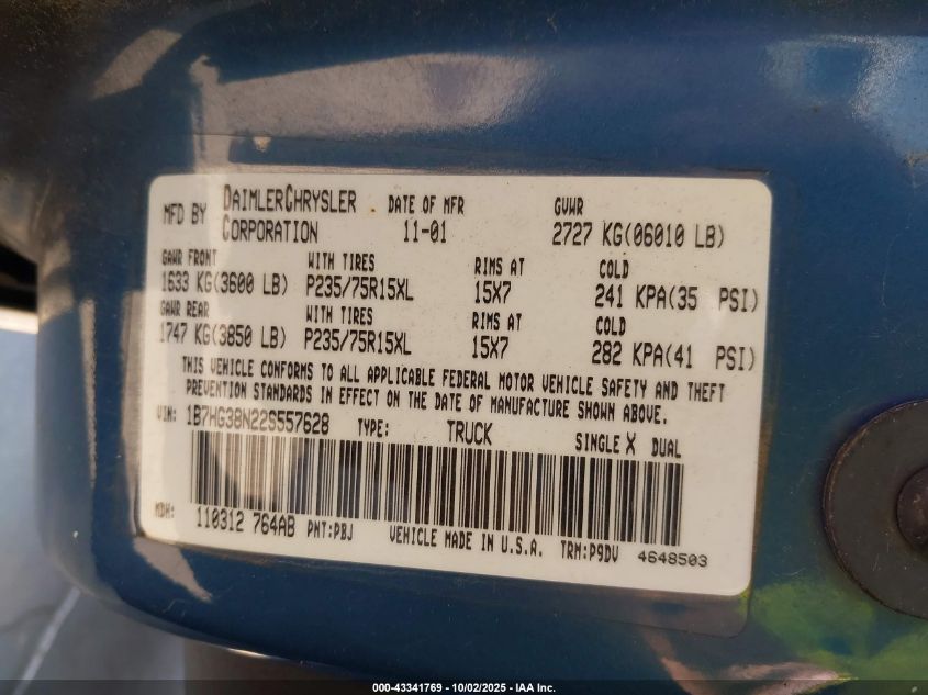 2002 Dodge Dakota VIN: 1B7HG3HN22S557628 Lot: 43341769