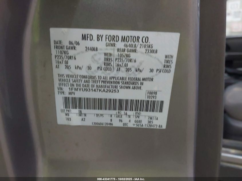 2007 Ford Escape Xlt VIN: 1FMYU93147KA29253 Lot: 43341775