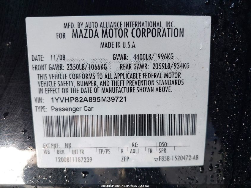 2009 Mazda Mazda6 I Touring VIN: 1YVHP82A895M39721 Lot: 43341782