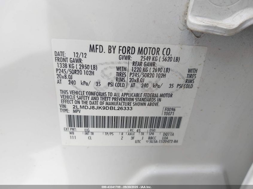 2013 Lincoln Mkx VIN: 2LMDJ8JK9DBL26333 Lot: 43341789