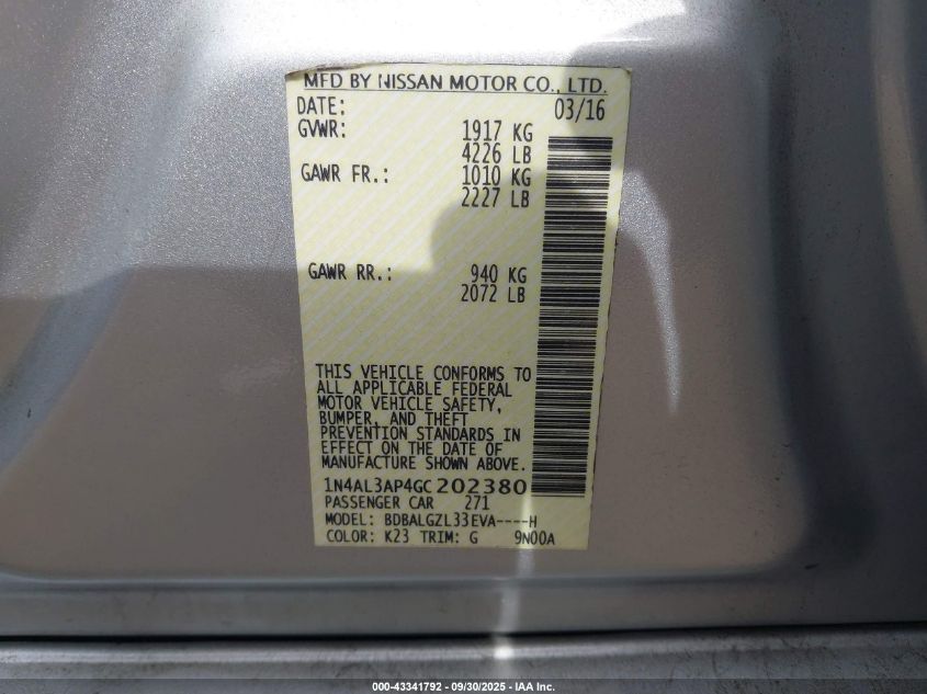 2016 Nissan Altima 2.5 S VIN: 1N4AL3AP4GC202380 Lot: 43341792