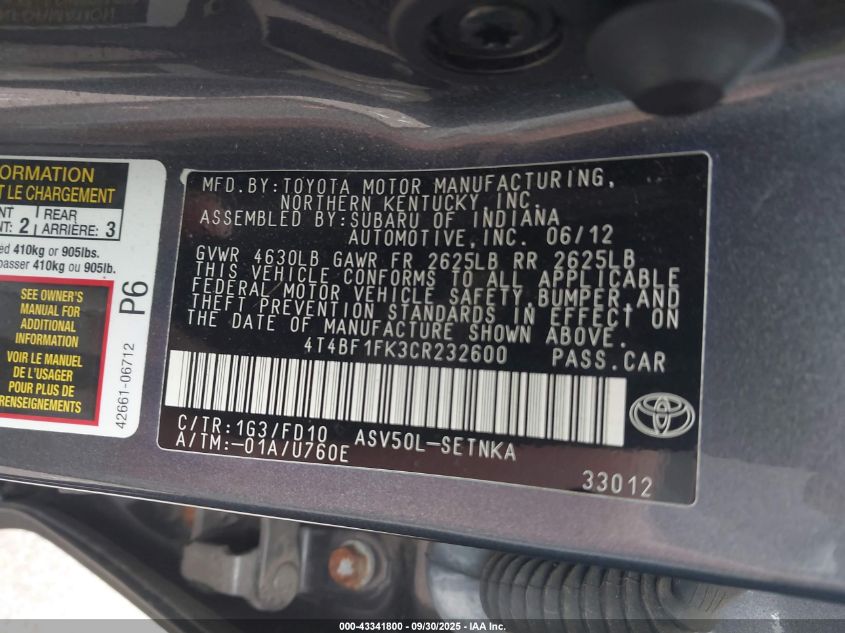 2012 Toyota Camry Le VIN: 4T4BF1FK3CR232600 Lot: 43341800