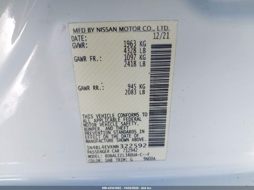 2022 Nissan Altima Sl Fwd VIN: 1N4BL4EVXNN322592 Lot: 43341802