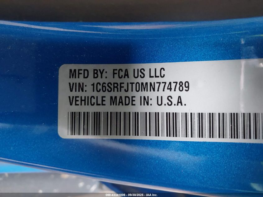 2021 Ram 1500 Laramie 4X4 5'7 Box VIN: 1C6SRFJT0MN774789 Lot: 43341806