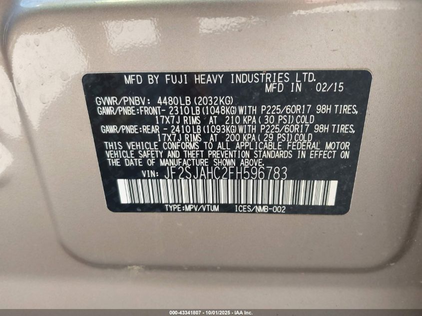 2015 Subaru Forester 2.5I Limited VIN: JF2SJAHC2FH596783 Lot: 43341807