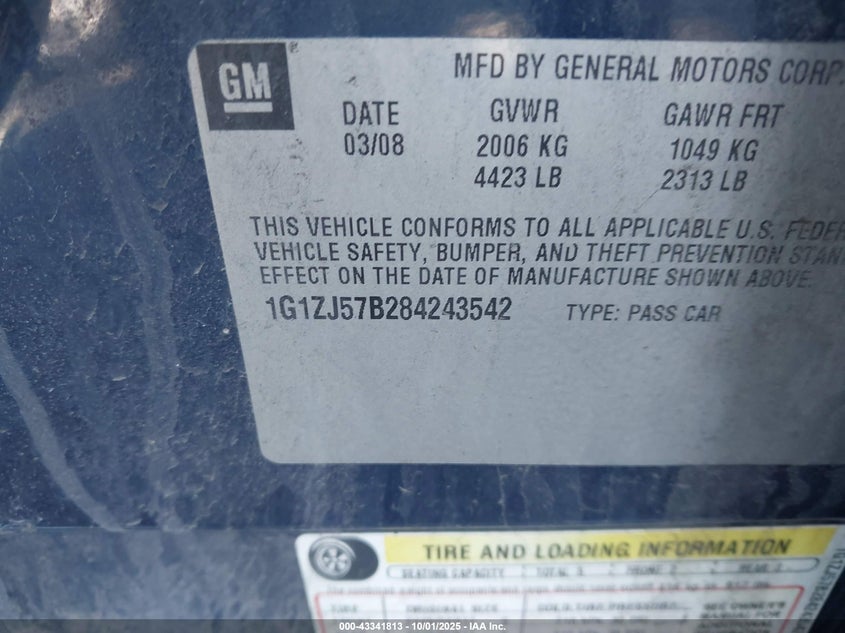 2008 Chevrolet Malibu Lt VIN: 1G1ZJ57B284243542 Lot: 43341813
