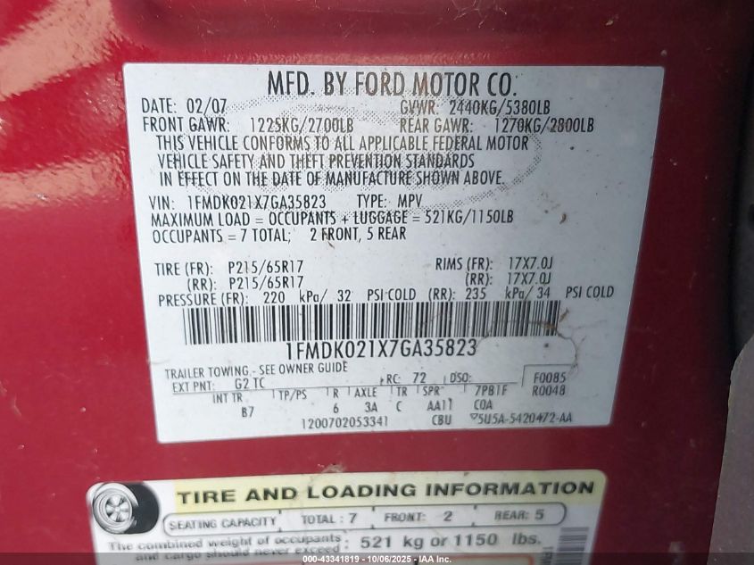 2007 Ford Freestyle Sel VIN: 1FMDK021X7GA35823 Lot: 43341819