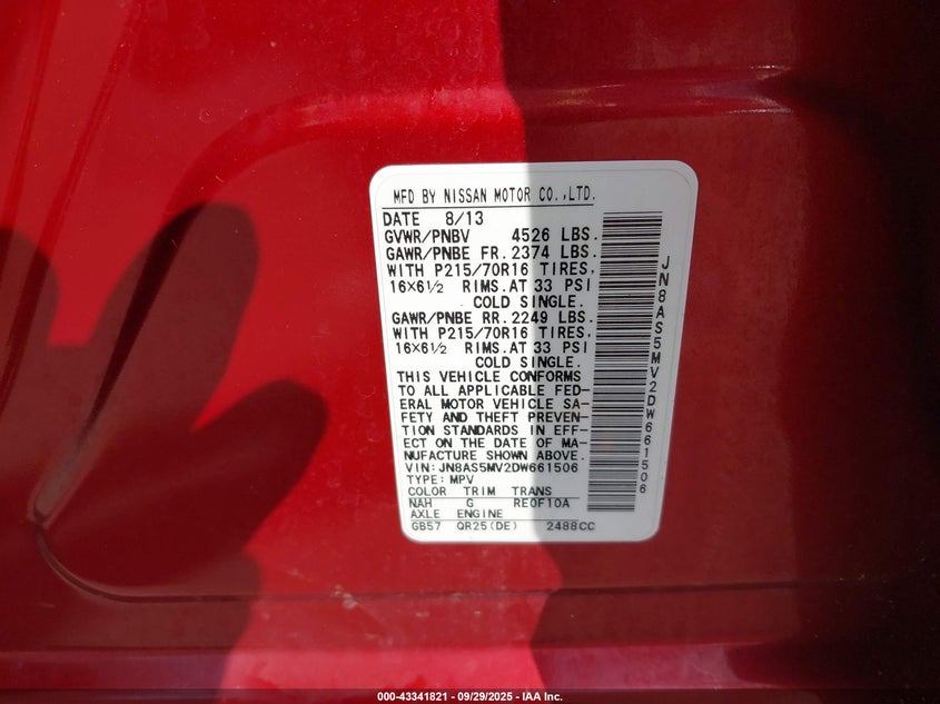 2013 Nissan Rogue S VIN: JN8AS5MV2DW661506 Lot: 43341821