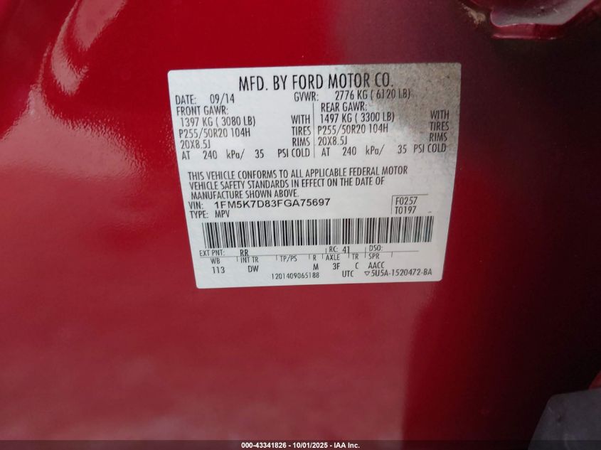 2015 Ford Explorer Xlt VIN: 1FM5K7D83FGA75697 Lot: 43341826