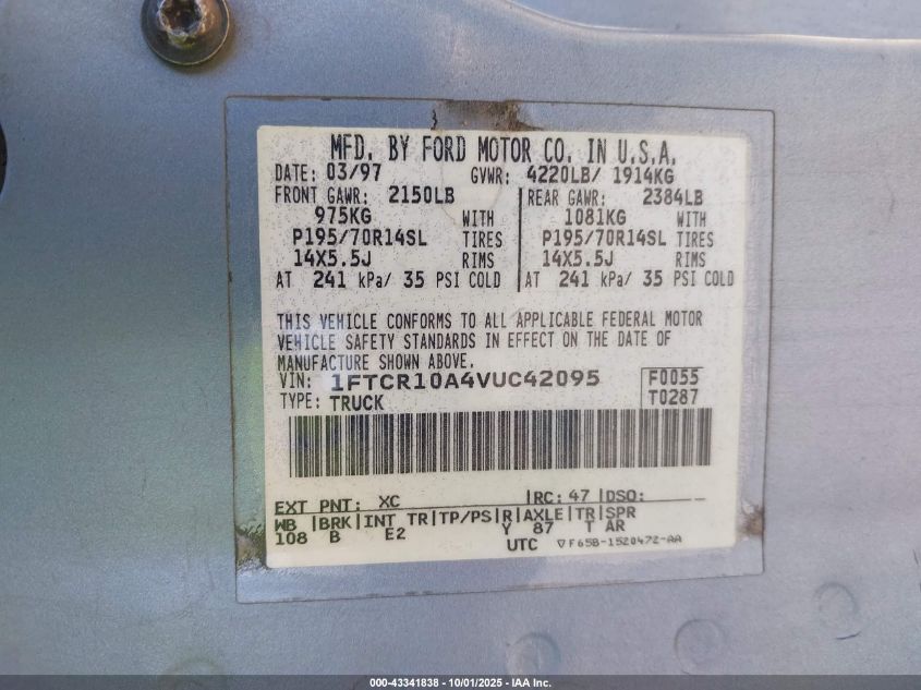 1997 Ford Ranger Splash/Xl/Xlt VIN: 1FTCR10A4VUC42095 Lot: 43341838