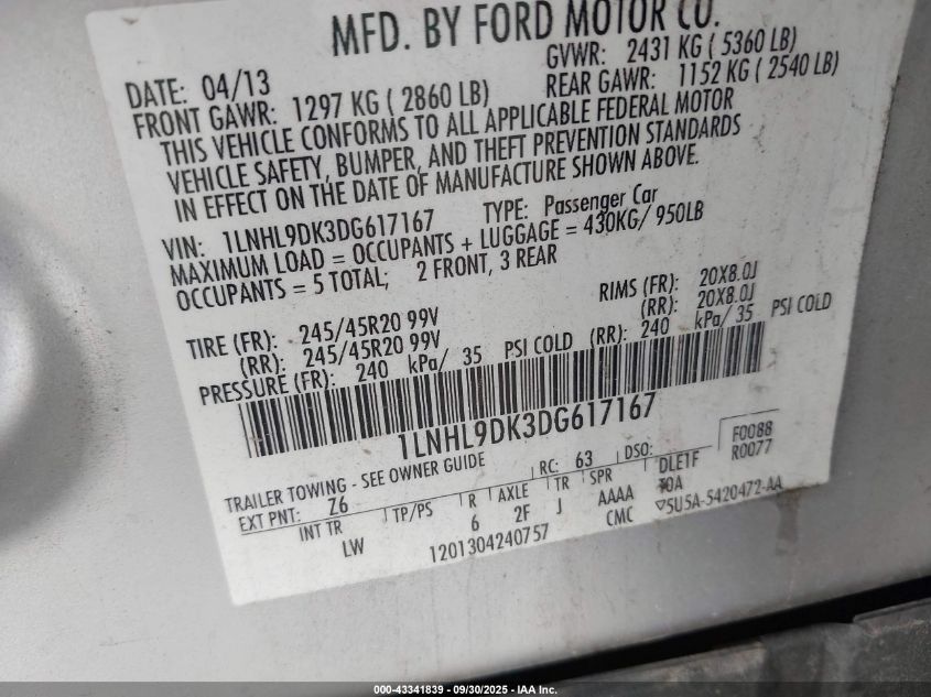 2013 Lincoln Mks VIN: 1LNHL9DK3DG617167 Lot: 43341839