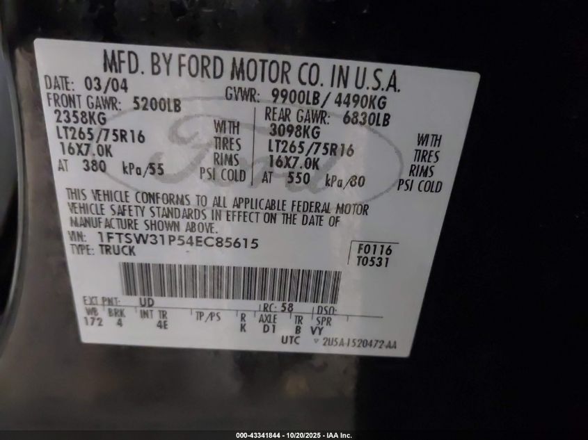 2004 Ford F-350 Lariat/Xl/Xlt VIN: 1FTSW31P54EC85615 Lot: 43341844