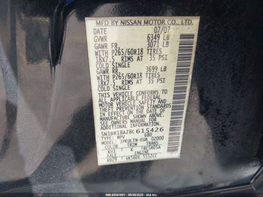 2008 Nissan Pathfinder Se V8 VIN: 5N1BR18A78C615426 Lot: 43341851