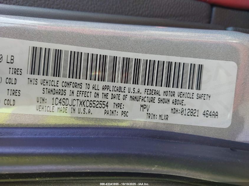 2019 Dodge Durango R/T Awd VIN: 1C4SDJCTXKC652554 Lot: 43341855