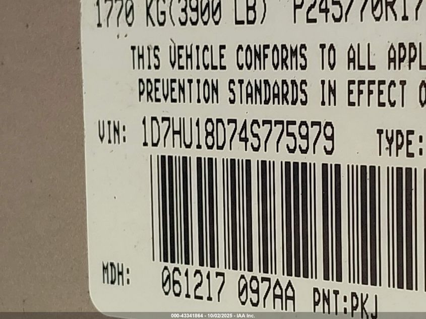 2004 Dodge Ram 1500 Slt/Laramie VIN: 1D7HU18D74S775979 Lot: 43341864