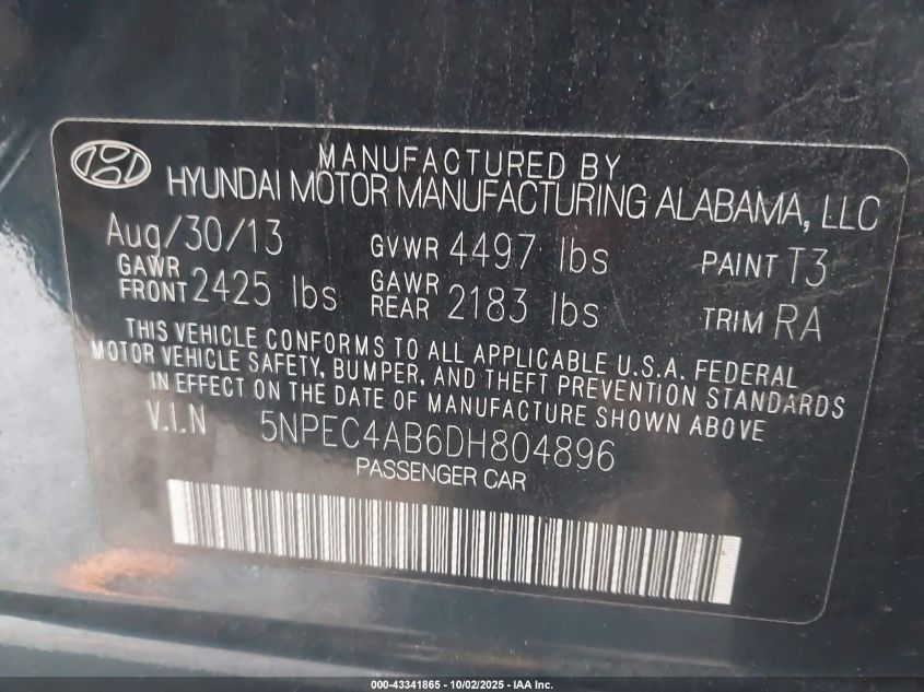 2013 Hyundai Sonata Se 2.0T VIN: 5NPEC4AB6DH804896 Lot: 43341865