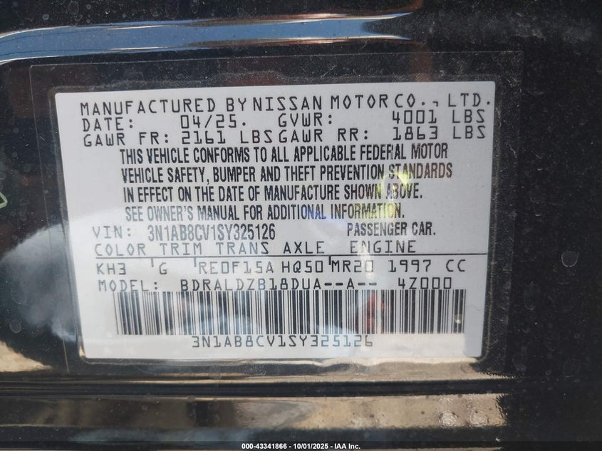 2025 Nissan Sentra Sv VIN: 3N1AB8CV1SY325126 Lot: 43341866