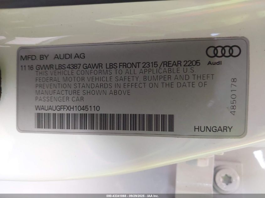 2017 Audi A3 2.0T Premium VIN: WAUAUGFFXH1045110 Lot: 43341868