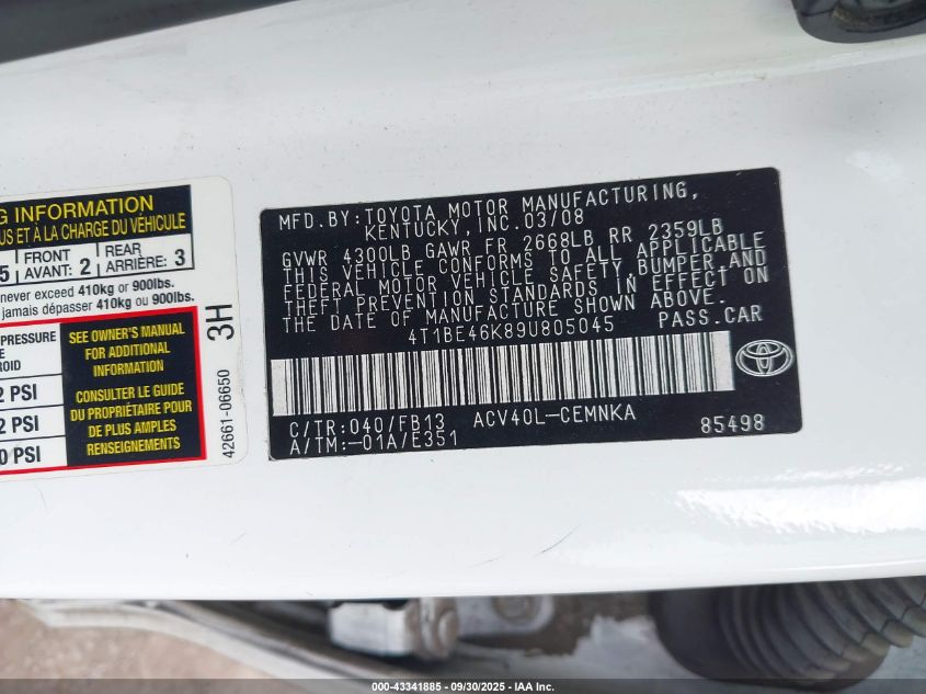 2009 Toyota Camry VIN: 4T1BE46K89U805045 Lot: 43341885