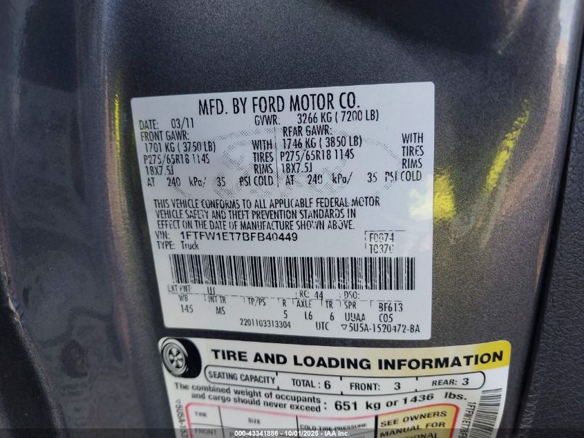 2011 Ford F-150 Xlt VIN: 1FTFW1ET7BFB40449 Lot: 43341886