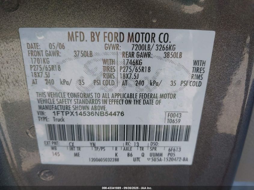 2006 Ford F-150 Fx4/Lariat/Xl/Xlt VIN: 1FTPX14536NB54476 Lot: 43341889