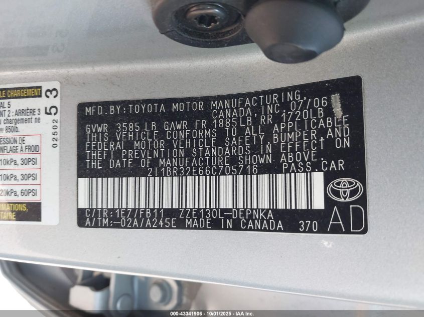 2006 Toyota Corolla Le VIN: 2T1BR32E66C705716 Lot: 43341906