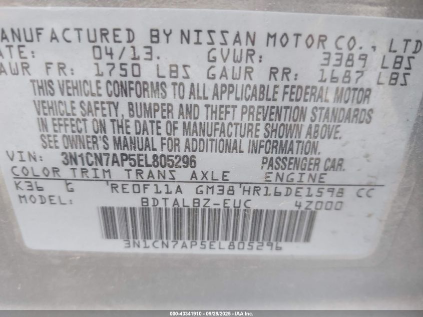 2014 Nissan Versa 1.6 Sv VIN: 3N1CN7AP5EL805296 Lot: 43341910