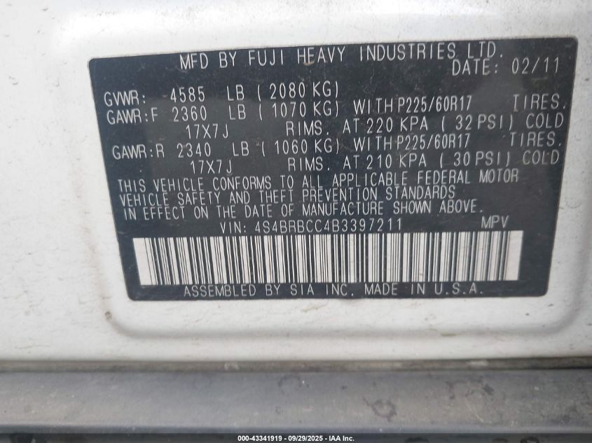 2011 Subaru Outback 2.5I Premium VIN: 4S4BRBCC4B3397211 Lot: 43341919