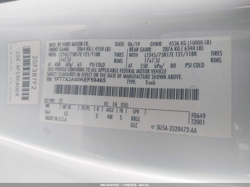 2019 Ford F-250 Xl VIN: 1FT7X2A60KEF59465 Lot: 43341922