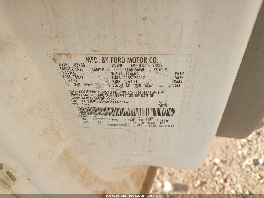 2008 Ford F-150 Fx4/Xl/Xlt VIN: 1FTRF14V88KD47187 Lot: 43341934