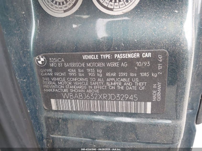 1994 BMW 325 Ic Automatic VIN: WBABJ632XRJD32945 Lot: 43341940