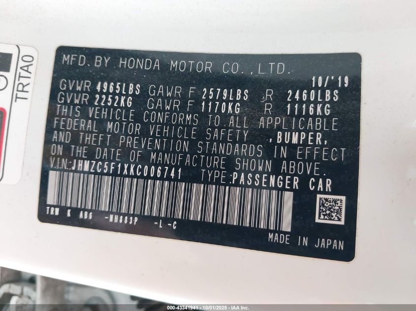2019 Honda Clarity Plug-In Hybrid VIN: JHMZC5F1XKC006741 Lot: 43341941