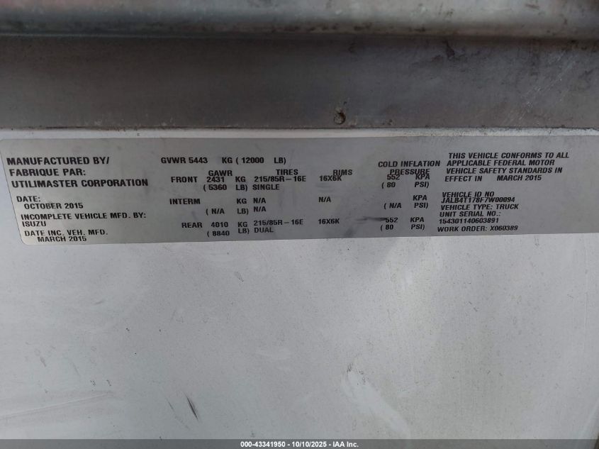 2015 Isuzu Commercial Van VIN: JALB4T178F7W00094 Lot: 43341950