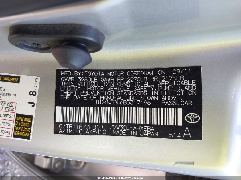 2011 Toyota Prius Two VIN: JTDKN3DU6B5317196 Lot: 43341978