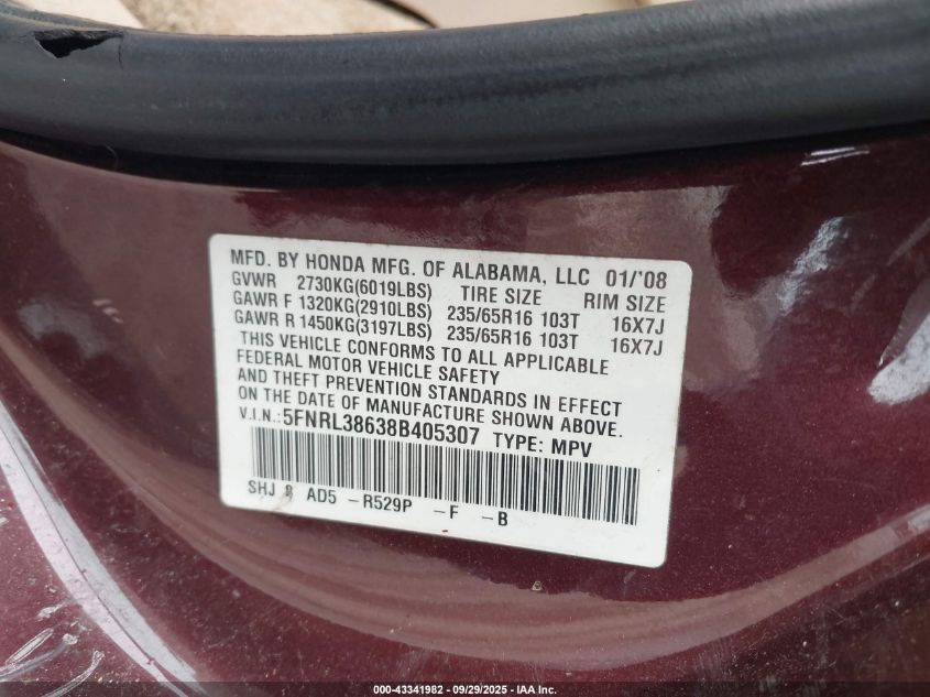 2008 Honda Odyssey Ex-L VIN: 5FNRL38638B405307 Lot: 43341982