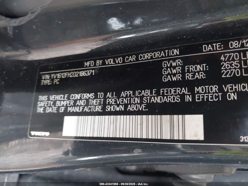 2013 Volvo S60 T5/T5 Platinum/T5 Premier/T5 Premier Plus VIN: YV1612FH2D2186371 Lot: 43341986