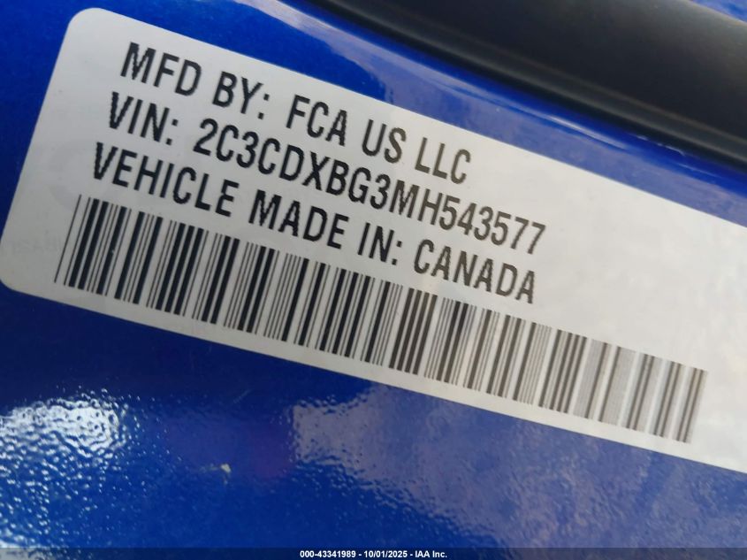 2021 Dodge Charger Sxt Rwd VIN: 2C3CDXBG3MH543577 Lot: 43341989